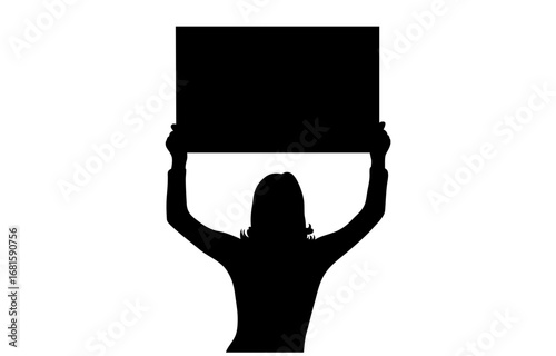 A silhouette of a woman holding a large blank sign aloft.
