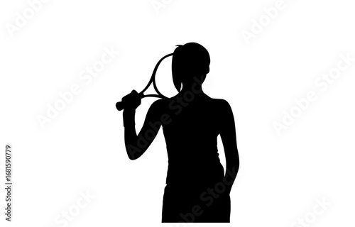A strong, athletic silhouette of a woman holding a tennis racket.