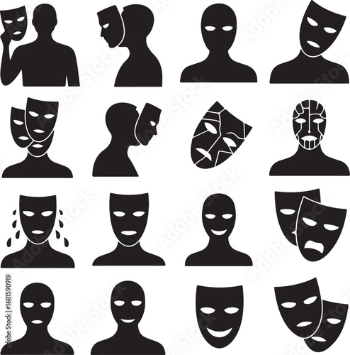 Dramatic human silhouettes wearing theatrical masks of joy and sorrow theater