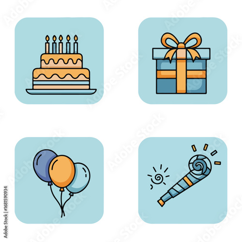 Birthday Cake, gift, balloons, party blower icons on light blue backgrounds