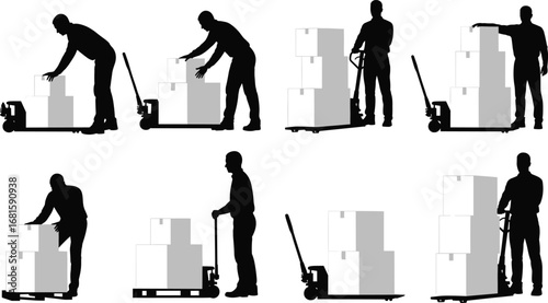 Warehouse worker silhouette vector, pallet jack handling, box stacking icons, logistics labor poses, manual transport, black figure set, industrial activity