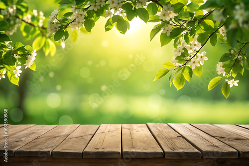 Empty wooden table top under lush green tree canopy with soft bokeh light