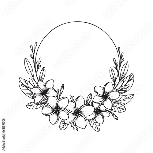 Hand drawn floral wreath with plumeria flowers isolated on white background