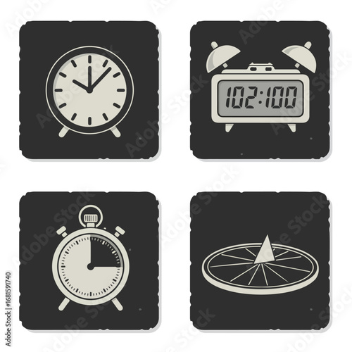 Icons show a variety of clocks and a sundial on dark squares