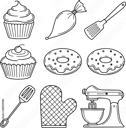 Pastry Hand Drawn Icon Pack Cupcake Doughnut Icing Bag Spatula Oven Mitt and Mixer