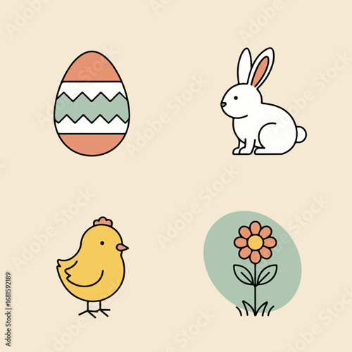 Easter icons egg, bunny, chick, flower