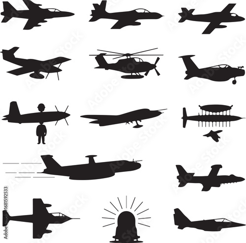 Aircraft and aviation icons set jet fighter airplane