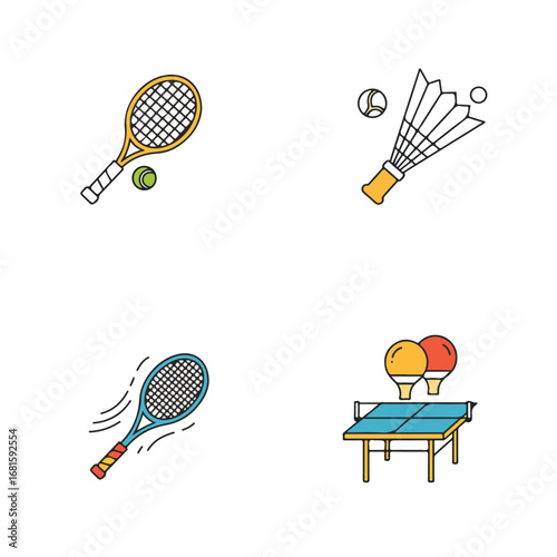 Sport equipment featuring rackets, shuttlecock, table tennis table and balls