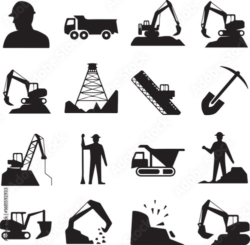 Construction and Mining Equipment and Worker Icons Silhouette Collection construction worker