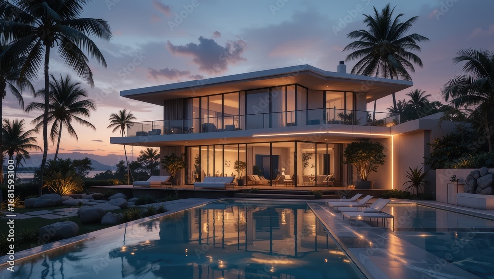 Fototapeta premium Modern Luxury Villa by Swimming Pool at Night Surrounded by Palm Trees and Serene Landscape