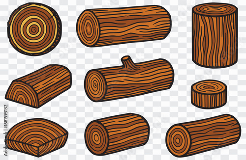 Assorted Wood Logs Illustrations for Forestry and Nature Themes, Hand-Drawn Wood Log Set Lumber Timber Graphics, Wood Texture Cartoon Log Slice and Timber Vector