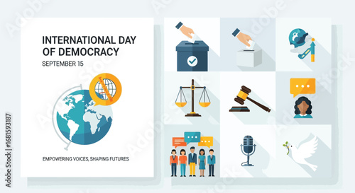 International day of democracy poster with globe voting and justice icons on a white background