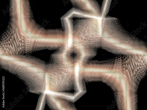 Fractal art of glowing, interconnected lines on a black background. The design is symmetrical with a dynamic, abstract quality. Digitally generated image.
