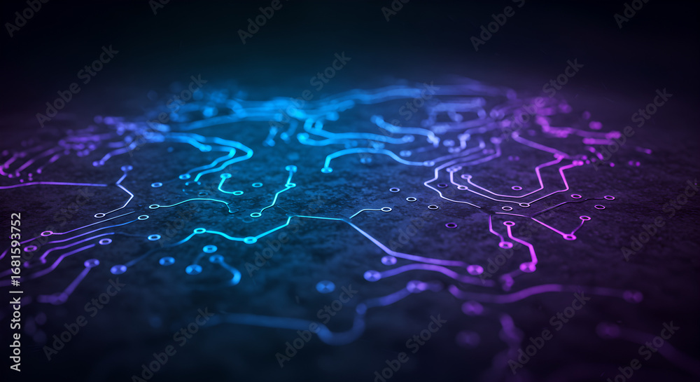 © Phat - Circuitry aesthetics with blue and purple neon traces on a dark board © Phat - Circuitry aesthetics with blue and purple neon traces on a dark board