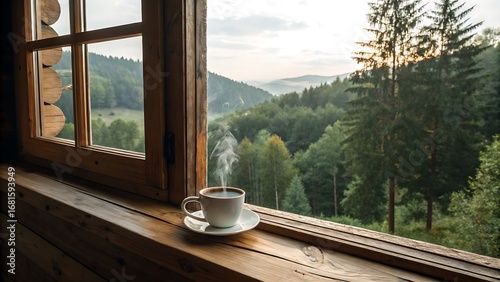 Warm Beverage View: Serene Morning Landscape Seen from Rustic Window with Steaming Cup on Wood Sill.