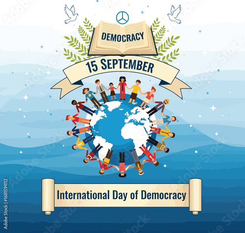 International day of democracy illustration with people around the world and democracy book image