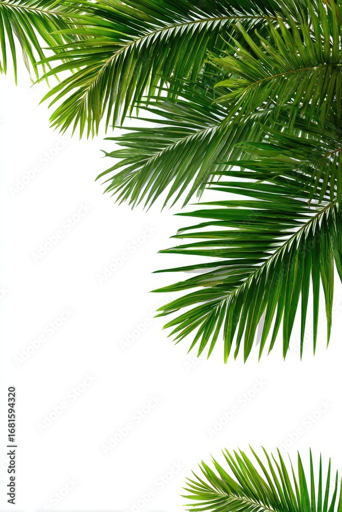 Naklejka premium Vibrant green palm fronds against white background