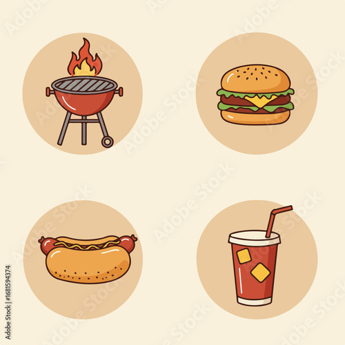 Icons show grill, burger, hotdog, drink on circles