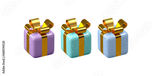 Set of 3d gift boxes wrapped golden ribbon isolated on white background. Holiday or seasonal discount decorative elements. Vector illustration.