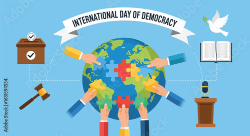 International day of democracy illustration with globe puzzle and democratic symbols around it