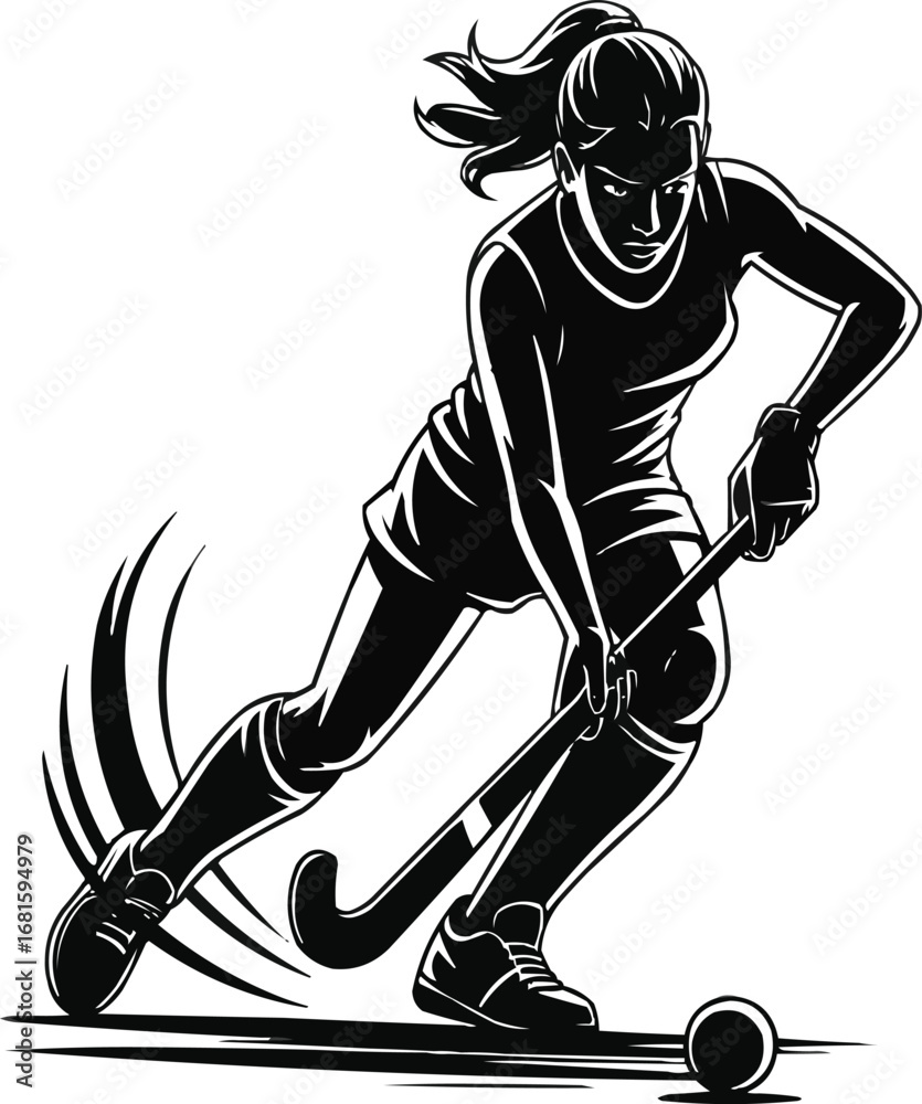 Obraz premium Female Field Hockey Silhouette Vector Action Poses with Stick and Ball