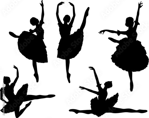 踊るバレリーナ　モノクロシルエットイラストセット