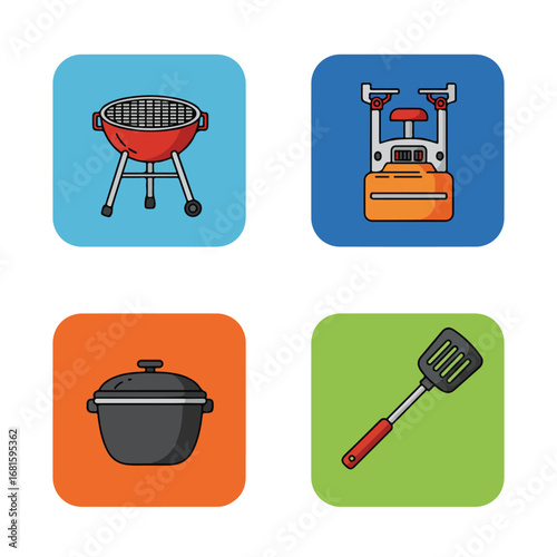 Cooking set grill, stove, pot, and spatula