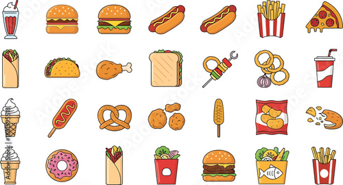 Vector Fast Food Clipart Collection with Burgers, Pizza, Snacks and Drinks