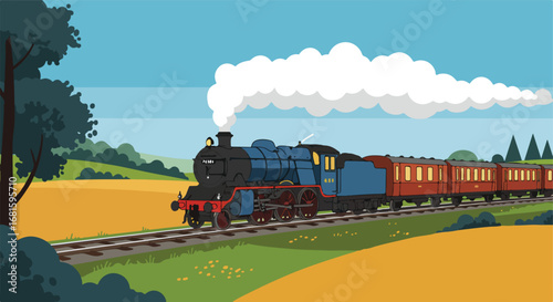 Steam train running through countryside with carriages and smoke cloud