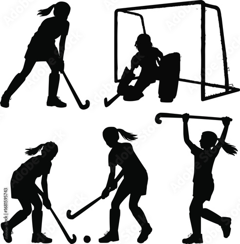 Dynamic Field Hockey Silhouettes  Young Woman Sports Figure with Ball and Stick