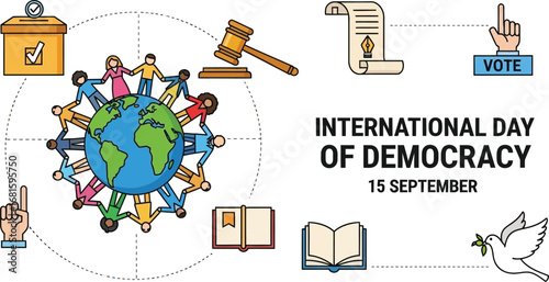 International day of democracy illustration with people globe gavel and voting related symbols