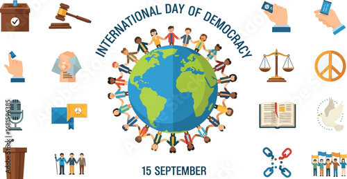 International day of democracy with people around the globe and various democracy symbols