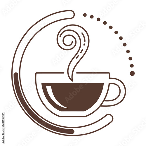 Stylized illustration of a steaming cup of coffee within a circular design