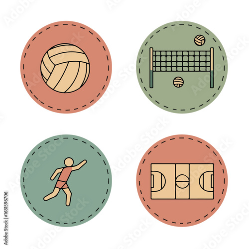 Volleyball icons ball, net, player, court in stitched round backgrounds