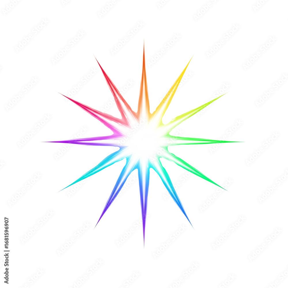 Obraz premium Vibrant rainbow starburst explosion graphic isolated on white & transparent background, ideal for New Year's Eve, celebrations, party invitations, marketing promotions, pride events,