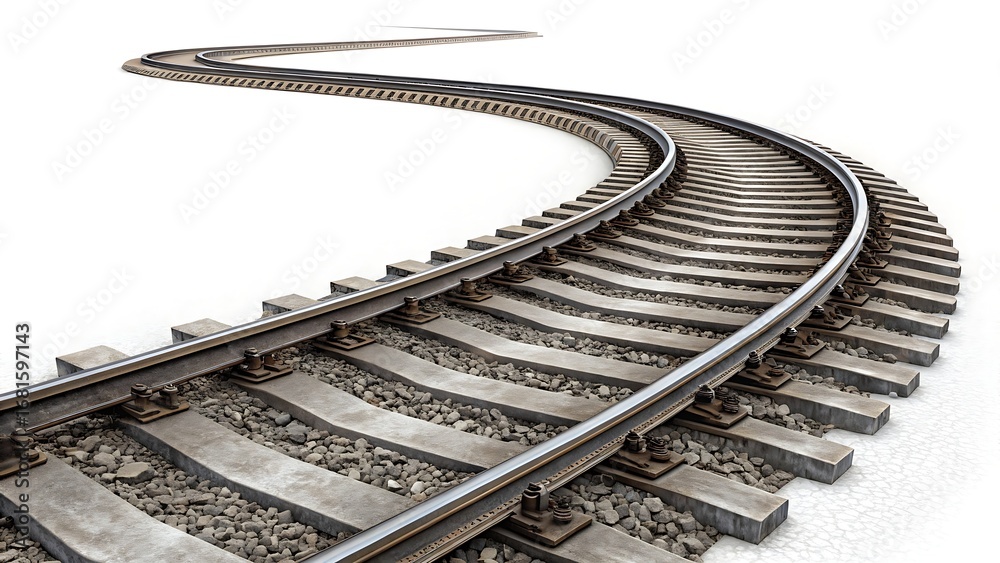 Obraz premium Curved and diverging railroad tracks cut out and isolated on white background. AI GENERATED. 