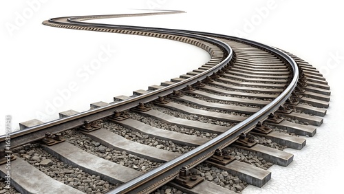 Curved and diverging railroad tracks cut out and isolated on white background. AI GENERATED.
