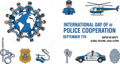 International day of police cooperation with officers around the world and police related icons