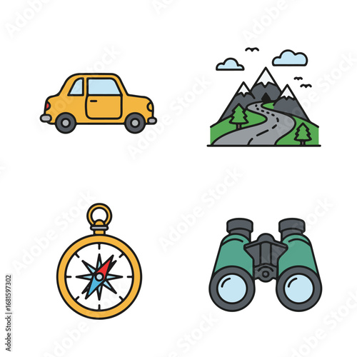 Icons of adventure car, mountains, compass, binoculars