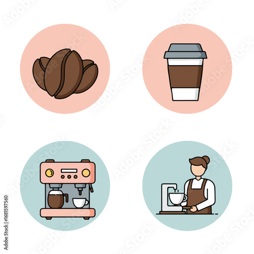 Coffee Icons Beans, cup, machine, barista icons in circles