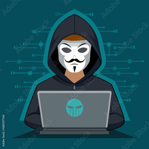 Hacker attacking with a laptop, attempting to steal personal data. Web security threat, cybercrime, and phishing concept with programming code in the background.