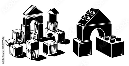 Toy Building Blocks Vector – Wooden Cubes and Shapes Construction Set, Detailed Black & White Illustration
