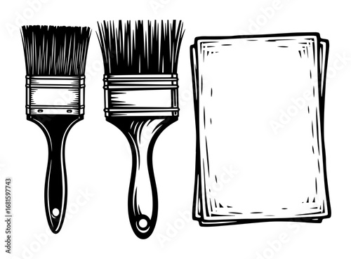 Paint Brushes & Paper Sheet Vector – Art Tools Silhouette Duo, Detailed Engraved Black and White Illustration