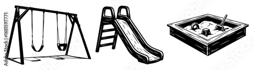 Playground Equipment Vector Set – Swings, Slide & Sandbox for Children Outdoor Play Area, Detailed Black-and-White Silhouette Collection