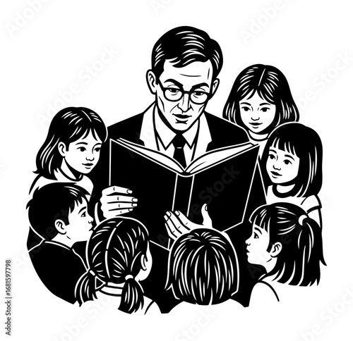 Storytime Teacher Vector – Adult Reading Book to Group of Children, Education & Literacy Black & White Illustration