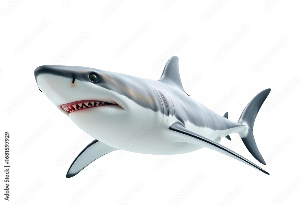 Fototapeta premium A great white shark isolated on a pure white background, single, animal