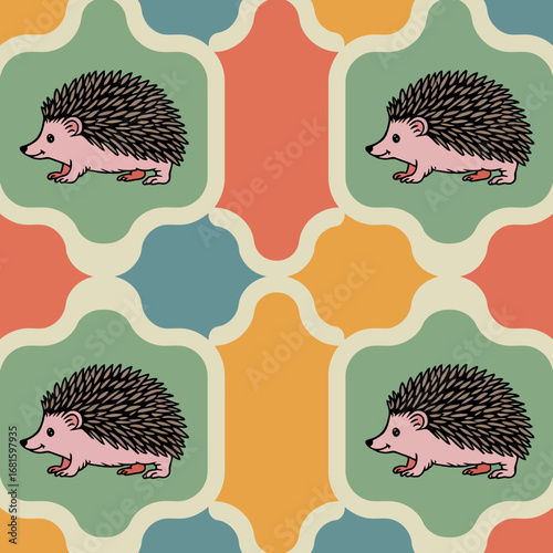 Cute hedgehog pattern with retro geometric background