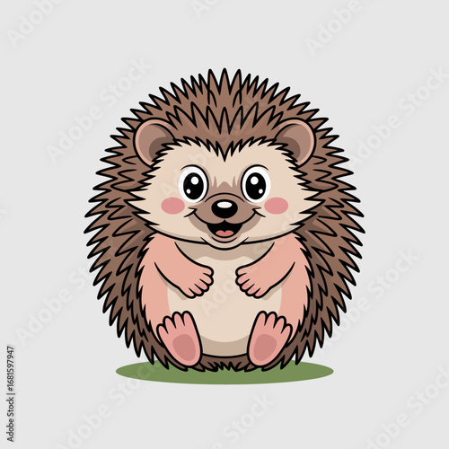 Cute cartoon hedgehog sitting on grass with a happy expression