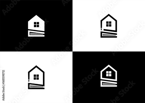 Minimal Abstract Real Estate Logo with House, Document, and Pen Symbol.