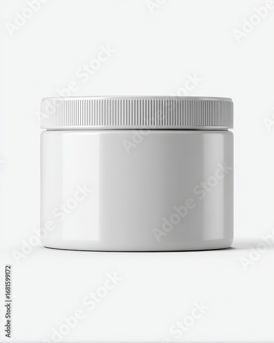 White Plastic Cosmetic Jar with Ribbed Lid on a Clean Background